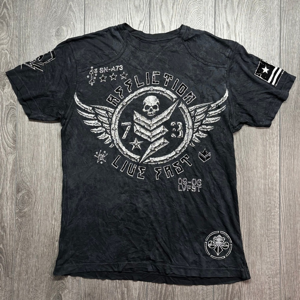 Affliction Live Fast T Shirt Mens Large Black Y2K Graphic Skull Lost Souls USA